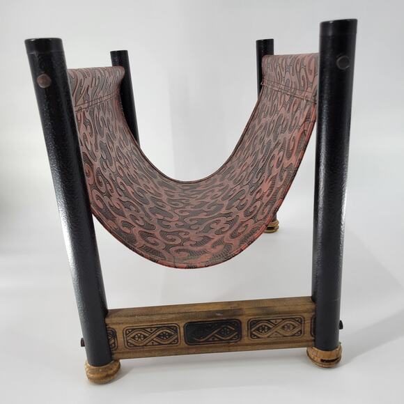 Vintage Log Holder Tan Black Embossed Tooled Leather Wood Magazine Storage - Picture 10 of 13